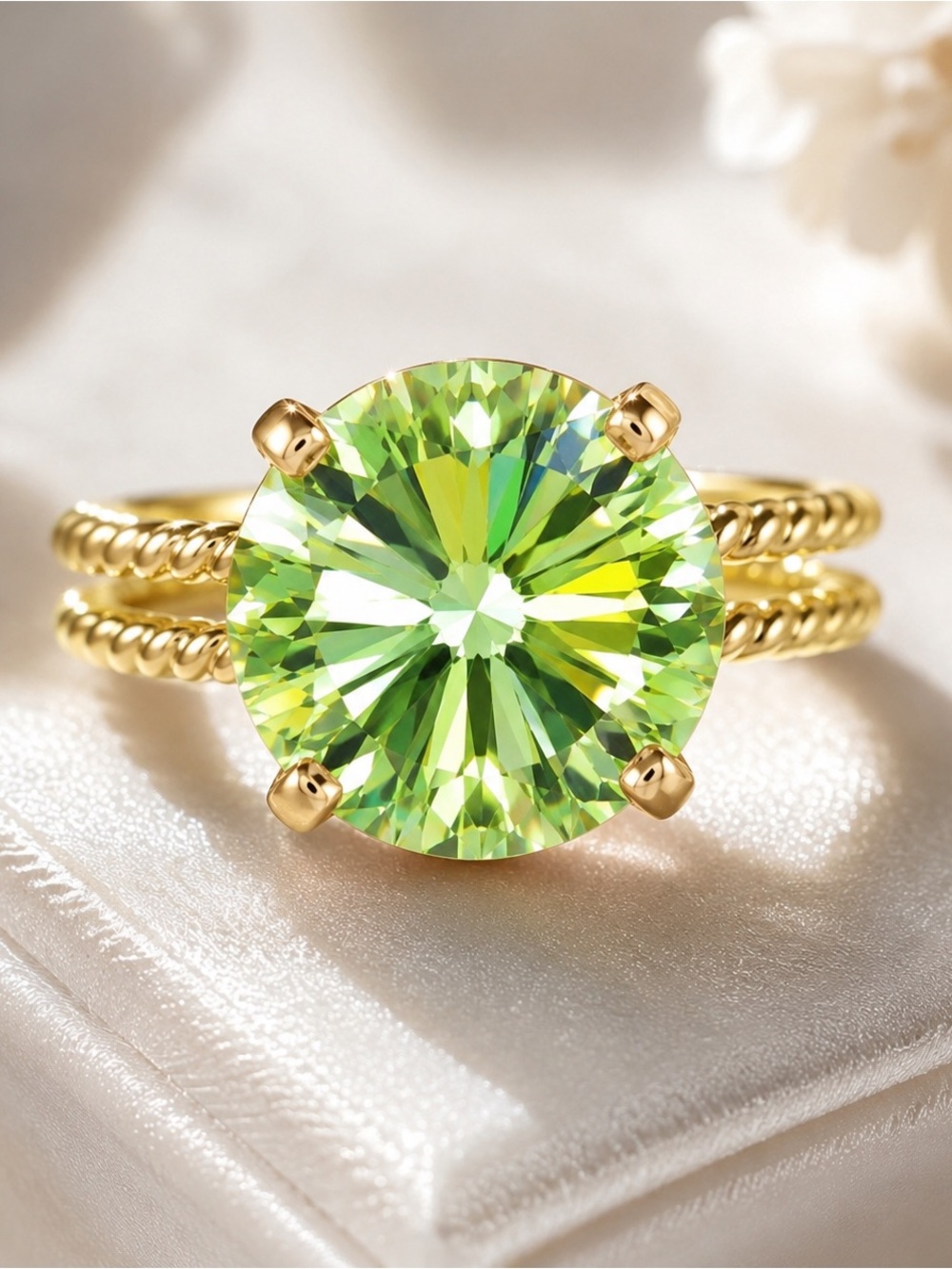 Crystal Peridot Green Cocktail Ring | Brilliant Cushion-Cut Statement Ring